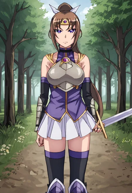 PonyXLV6_Scores, fine anime screencap_xl, anime screencap, amazing quality, very aesthetic, absurdres, best quality, masterpiece, BREAK 1girl, full body, <lora:Princess_Dianne_(Demon_King_Domination):1>, Princess Dianne, brown hair, long hair, purple eyes, tiara, ponytail, hair bow, hourglass figure, standing, stern, looking at viewer, annoyed, (black choker, (purple top, turtleneck, sleeveless, gold trim), (white skirt, pleated skirt,), (black thighhighs, purple trim), (black arm warmers, purple trim), (chest armor, breastplate, silver,) gem, (arm armor, silver), holding sword, (armored boots, silver), ), cowboy shot, BREAK (forest, forest path, trees, no men, 1girl, solo,),