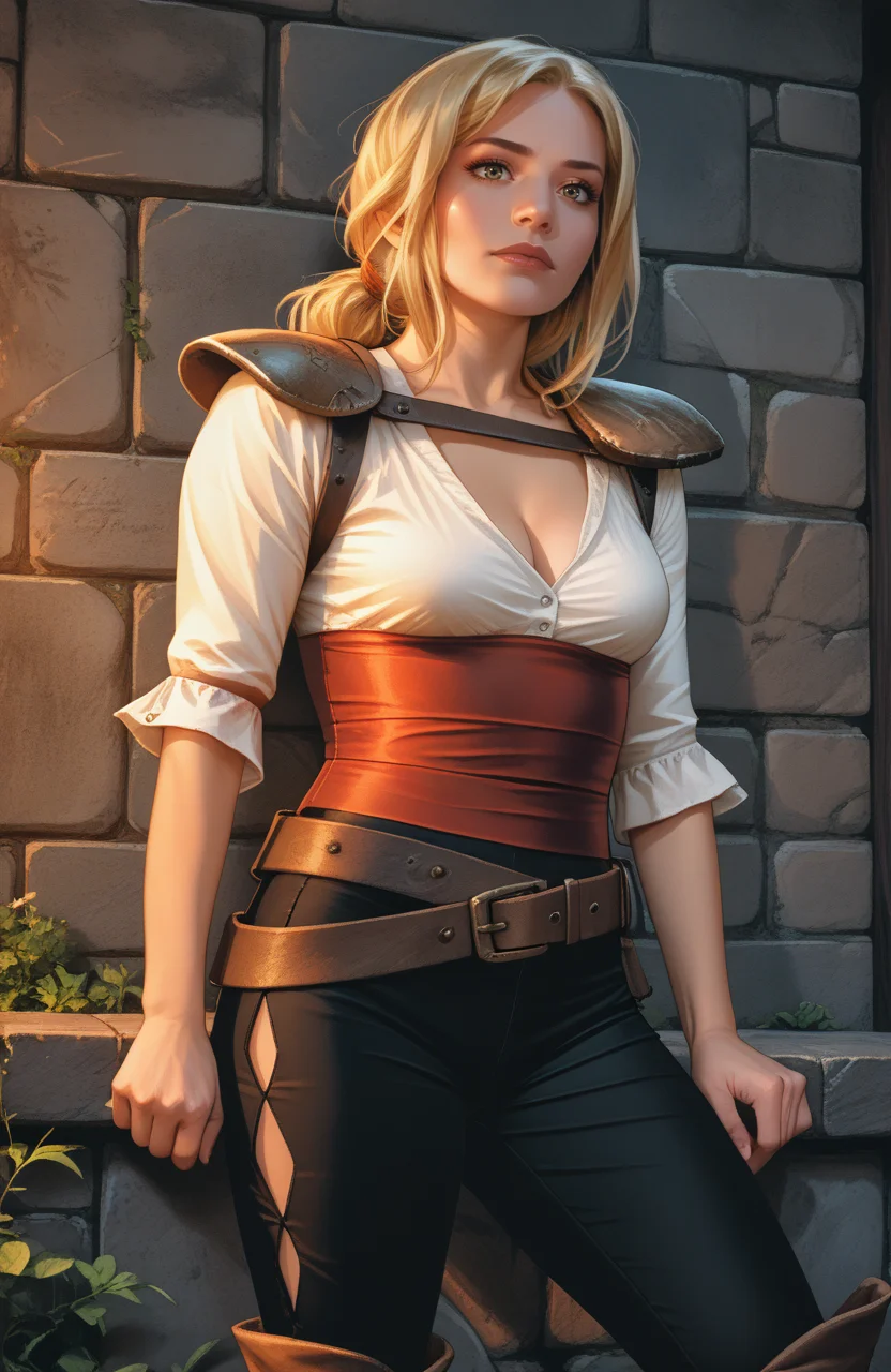 score_9, score_8_up, score_7_up, score_6_up, score_5_up, score_4_up, realistic, photoshop \(medium\), <lora:Valeria_t2-000008-128:1.0> 1girl, Valeria, blonde, large breasts, cleavage, shirt, shoulder pads, belt, pants, boots, seductive pose
, outdoors, on castle wall, medieval, sundown, rim lighting