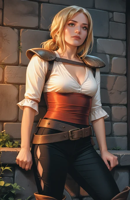 score_9, score_8_up, score_7_up, score_6_up, score_5_up, score_4_up, realistic, photoshop \(medium\), <lora:Valeria_t2-000008-128:1.0> 1girl, Valeria, blonde, large breasts, cleavage, shirt, shoulder pads, belt, pants, boots, seductive pose
, outdoors, on castle wall, medieval, sundown, rim lighting