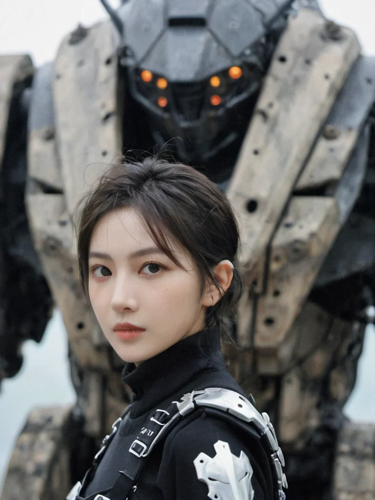 xxmix_girl,realstic,1girl,fluffy short hair,dark theme,blonde hair,messy hair,film grain,fog,black themem,Tyndall effect, Exoskeleton mecha, powered armor, ruins ,CYBORG,from the film Kingsglaive Final Fantasy XV,Future World,