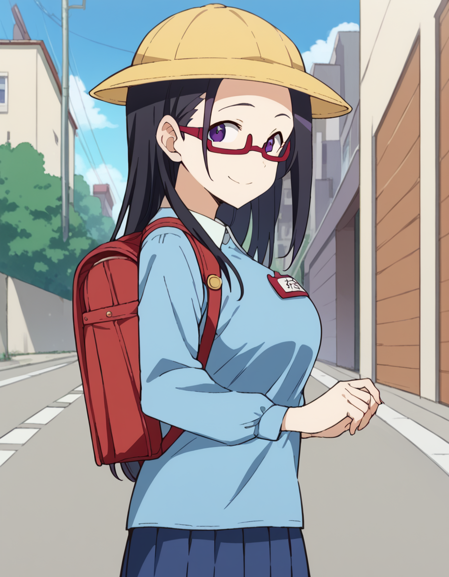 score_9, score_8_up, score_7_up, source_anime, <lora:sakie-satou-s1-ponyxl-lora-nochekaiser:1>, sakie satou, long hair, black hair, purple eyes, glasses, semi-rimless eyewear, red-framed eyewear, under-rim eyewear, large breasts, <lora:kindergarten-uniform-ponyxl-lora-nochekaiser:1> kindergarten uniform, school hat, yellow hat, randoseru, backpack, red bag, blue shirt, name tag, skirt, pleated skirt,, smile, street, houses, road, from side, looking at viewer, holding strap, cowboy shot,