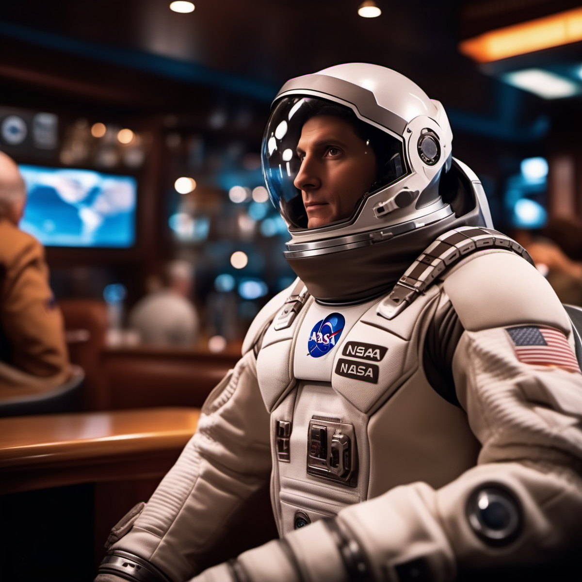 cinematic photo a man in a spacesuit, having a beer in a pub, text ''NASA'', text ''COOPER''  <lora:Interstellar1024-000006:0.8> . 35mm photograph, film, bokeh, professional, 4k, highly detailed