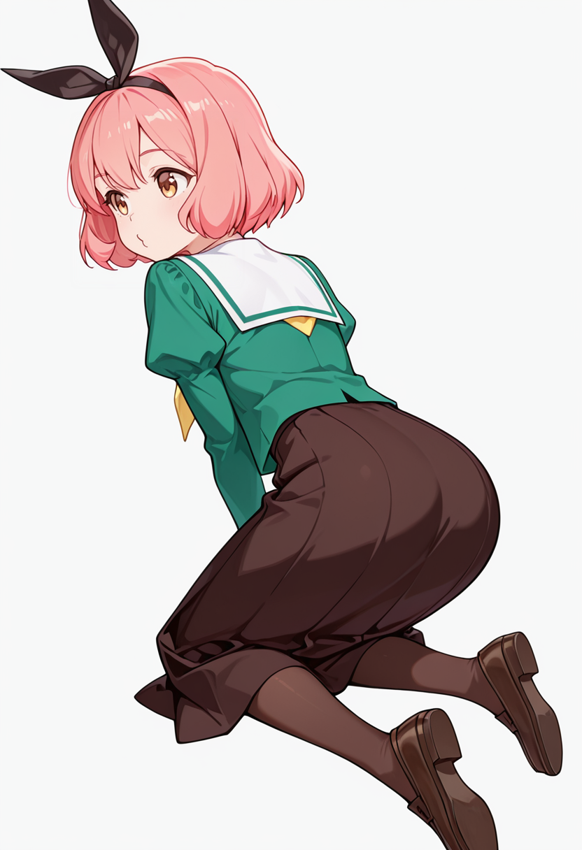 masterpiece,high quality details,absurdres, 
 <lora:Koshiba_Mai:0.8>
mar_cnr, 1girl, pink hair, short hair, bangs, brown eyes,black hairband,
mar_s1,green shirt, white sailor collar, serafuku,long skirt,black-brown skirt, juliet sleeves,pantyhose, loafers,, simple background, white background, from behind,solo,, o3o,