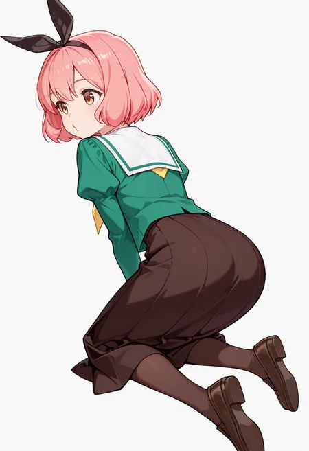 masterpiece,high quality details,absurdres,
<lora:Koshiba_Mai:0.8>
mar_cnr, 1girl, pink hair, short hair, bangs, brown eyes,black hairband,
mar_s1,green shirt, white sailor collar, serafuku,long skirt,black-brown skirt, juliet sleeves,pantyhose, loafers,, simple background, white background, from behind,solo,, o3o,