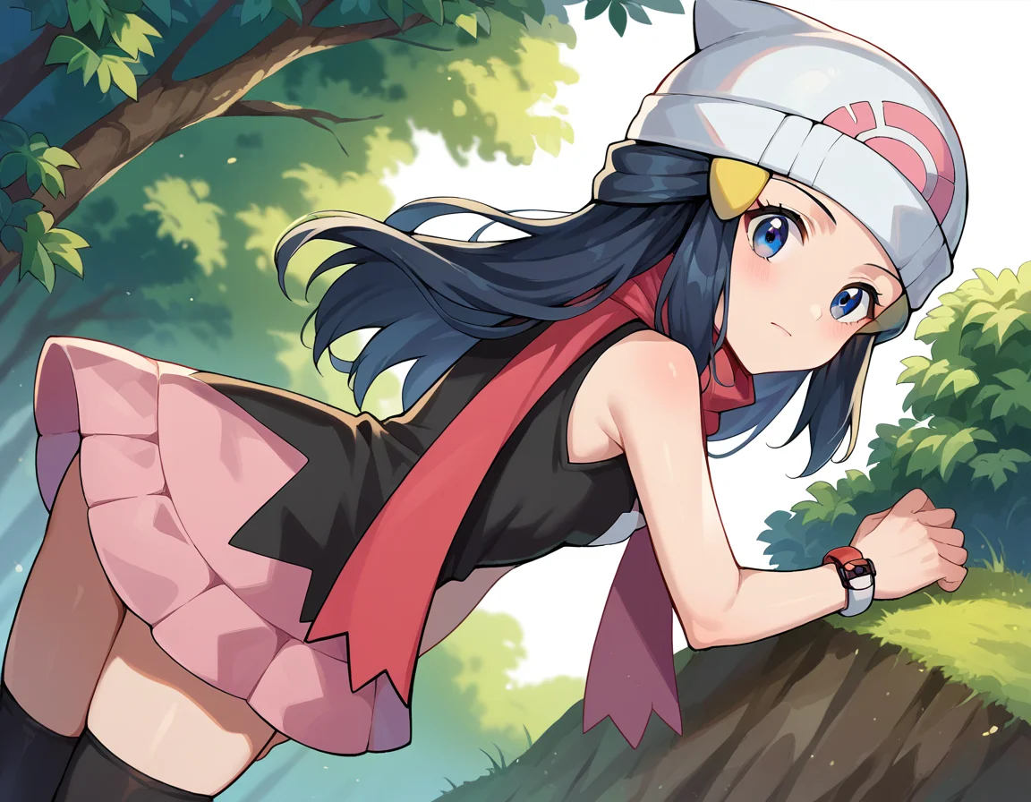 score_9, score_8_up, score_7_up, source_anime,
pokemondawn, <lora:pokemon-dawn-ponyxl-lora-nochekaiser:1>
pokemon dawn, black hair, blue eyes, sidelocks, long hair,
bare shoulders, beanie, black shirt, black socks, bracelet, hat, jewelry, kneehighs, miniskirt, pink skirt, red scarf, scarf, shirt, skirt, sleeveless, sleeveless shirt, white headwear,
outdoors, nature, bent over,
looking at viewer, cowboy shot, dutch angle,