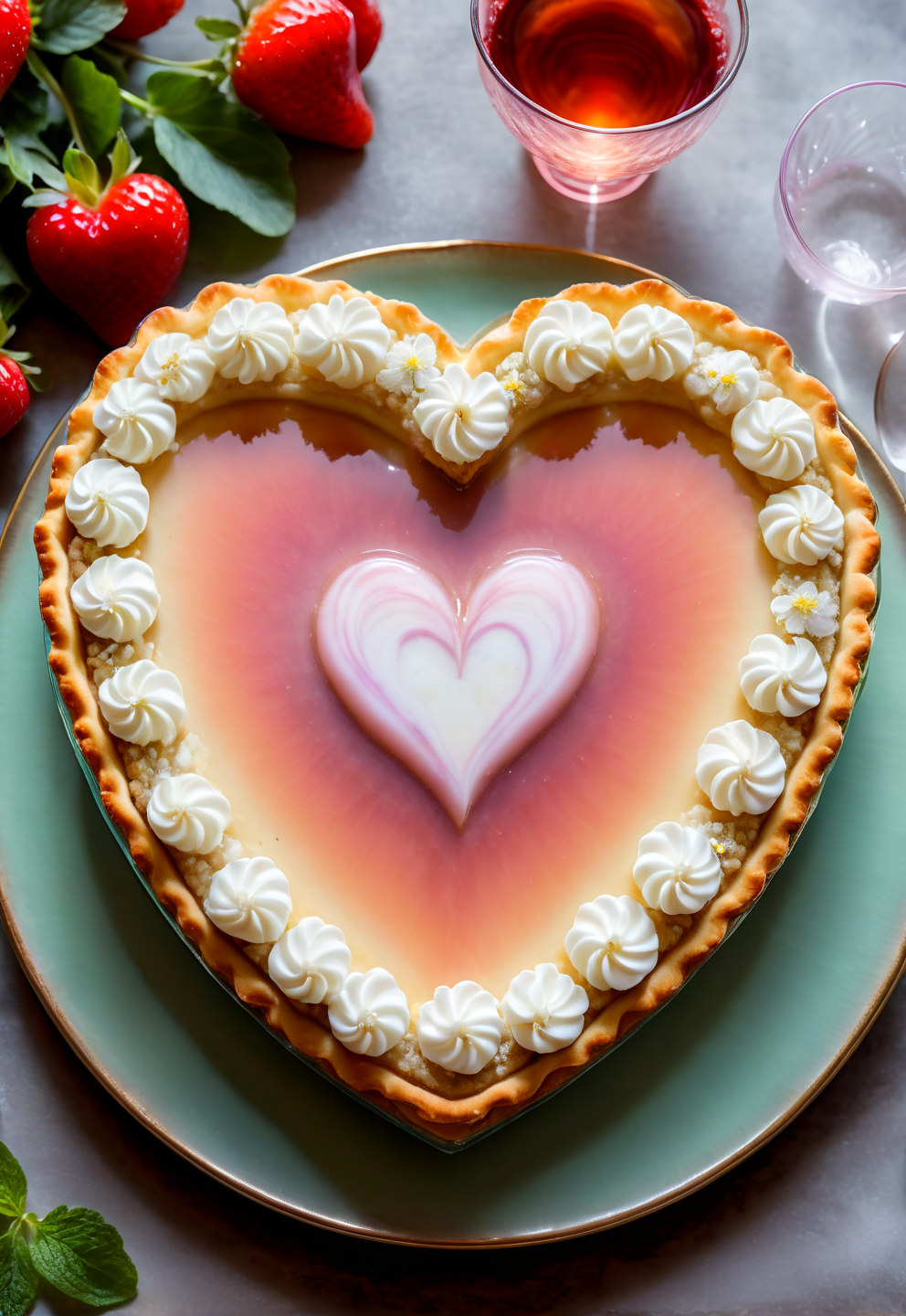 a magical fairy pie, from above, the shape of a heart, high quality, inside of a fairy cafe, 8k, fantasy food, pink glassware