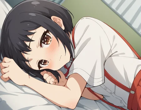 score_9, score_8_up, score_7_up, source_anime, <lora:hanako-hasegawa-ova-ponyxl-lora-nochekaiser:1>, hanako hasegawa, short hair, black hair, brown eyes,, skirt, shirt, ribbon, school uniform, white shirt, red ribbon, suspenders,, indoors, bed, bed room, on side, blush, drunk, looking at viewer, solo,, cowboy shot, dutch angle