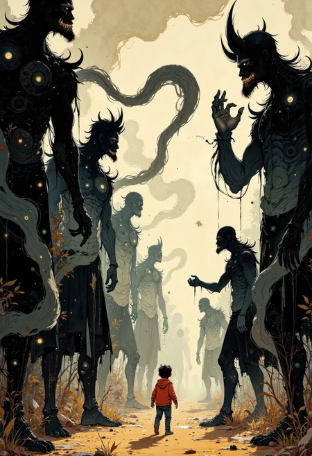 Create a beautifully detailed drawing capturing a fantastical world infused with nostalgia and shadowy intrigue. The style features clean, confident outlines with soft watercolor washes, balancing warmth and accessibility with intricate detail. The palette contrasts muted tones—warm ochres, soft reds, creamy whites—with stark, inky blacks, creating a dramatic interplay of light and shadow that evokes both innocence and mystery. The atmosphere blends vintage children’s book charm with an eerie undertone, as if balanced between reality and a shadowy dreamscape.
Characters should have naturalistic proportions and subtle expressiveness, their features gently exaggerated to reflect curiosity, resilience, or vulnerability. Dynamic shadow puppet figures may emerge in the background, their silhouettes adding to the narrative and reinforcing the duality of light and shadow. The focus will be on a specific subject—Henry finds himself in a maze of towering shadow creatures with smoke-like bodies that shift and writhe with every step he takes. Their faintly glowing eyes seem to watch him intently, and the air vibrates with an eerie hum that grows louder as he moves deeper—carefully integrated into the scene. The composition is grounded yet surreal, seamlessly merging whimsical simplicity with haunting, thought-provoking detail to invite wonder and introspection.