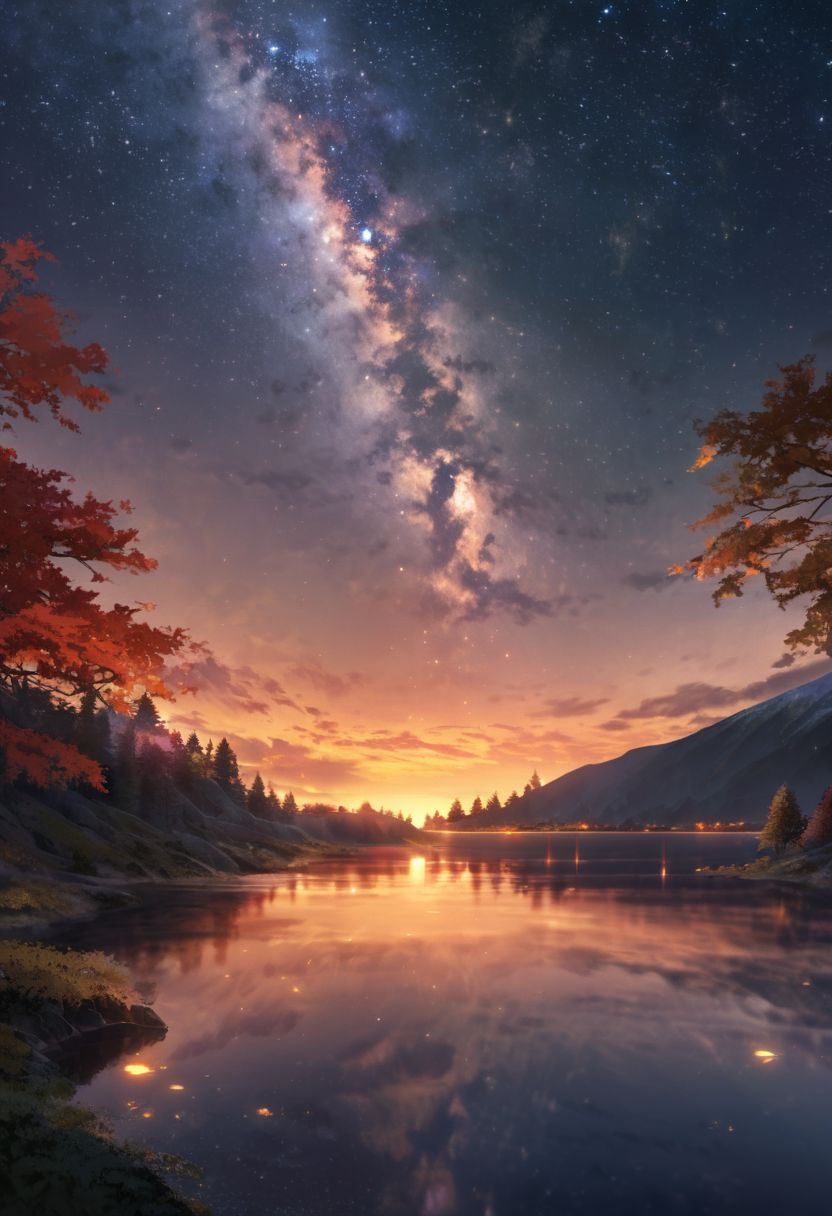 Create a breathtaking landscape that evokes awe and wonder. Picture a serene, pristine lake nestled among towering snow-capped mountains. The mountains should reflect perfectly in the crystal-clear water, with their peaks bathed in the golden hues of a setting sun. Surround the lake with a lush forest of evergreen trees, their rich green contrasting beautifully with the vibrant autumn foliage of nearby deciduous trees in shades of red, orange, and yellow. Add a meandering path along the lake’s edge, inviting viewers to imagine a peaceful walk. Include a clear, starry sky emerging as the sun sets, with a hint of the Milky Way visible. Enhance the scene with soft, glowing light to create a magical, almost otherworldly atmosphere.