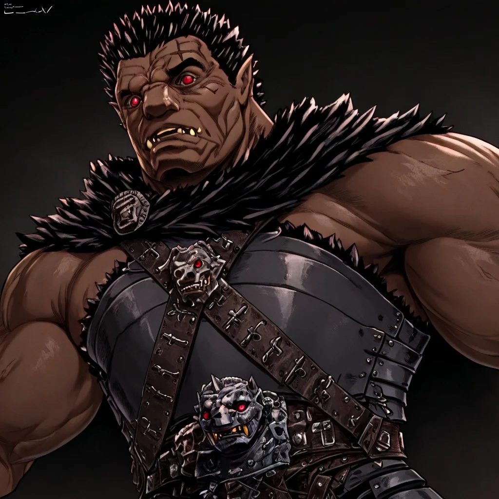 masterpiece, best quality, newest, absurdres, highres, berserk, Zodd-V1.0, muscular male, short hair, red eyes, dark skin, dark skinned male, scar, scar on face, fangs, pointy ears, muscular, spiked hair, black hair, armor,