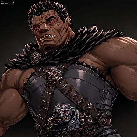 masterpiece, best quality, newest, absurdres, highres, berserk, Zodd-V1.0, muscular male, short hair, red eyes, dark skin, dark skinned male, scar, scar on face, fangs, pointy ears, muscular, spiked hair, black hair, armor,