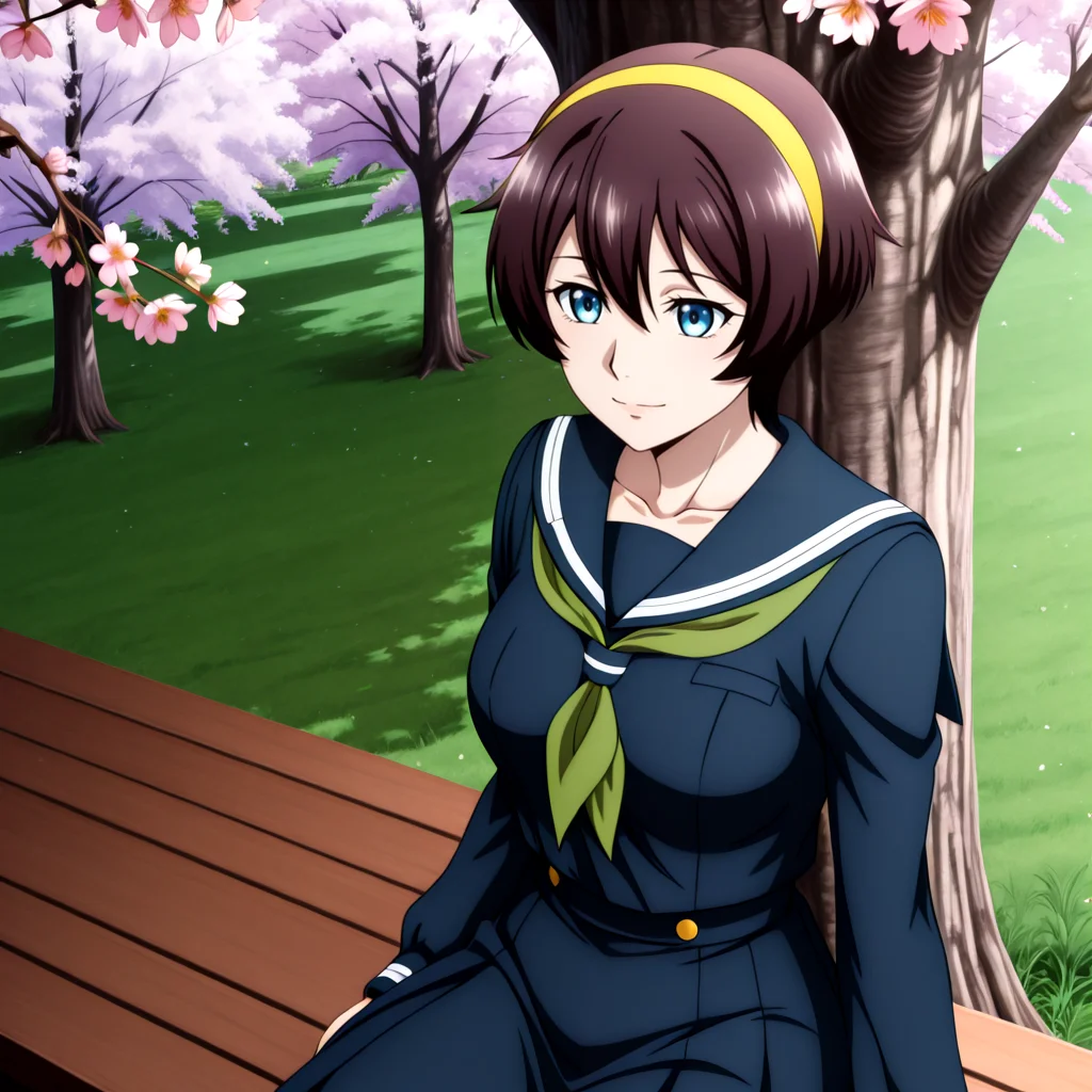 Yuu_School, 1girl, brown short hair, hair between eyes, blue eyes, medium breasts, collarbone, yellow hairband, serafuku, green neckerchief, sailor collar, dark blue serafuku, long sleeves, , <lora:Yuu_IL2:1> Churchyard with cherry blossom trees, light smile, Sitting with one hand on the waist