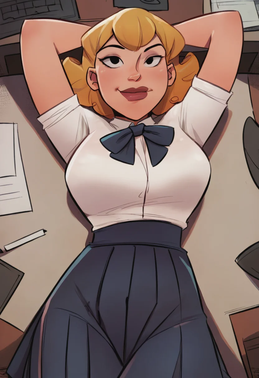 score_9, score_8_up, score_7_up, 1girl, large_breasts, portrait, solo, looking_at_viewer, open_eyes, Lying with hands behind the head, from_above, (Apricot hakama skirt), short hair, layered hair, Blonde hair, office, full_body, rating_safe, <lora:pony\artist_styles\jmoz_pony:1.0>
