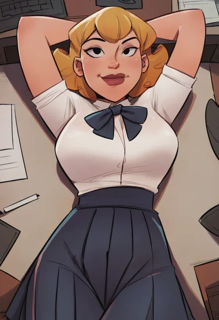 score_9, score_8_up, score_7_up, 1girl, large_breasts, portrait, solo, looking_at_viewer, open_eyes, Lying with hands behind the head, from_above, (Apricot hakama skirt), short hair, layered hair, Blonde hair, office, full_body, rating_safe, <lora:pony\artist_styles\jmoz_pony:1.0>