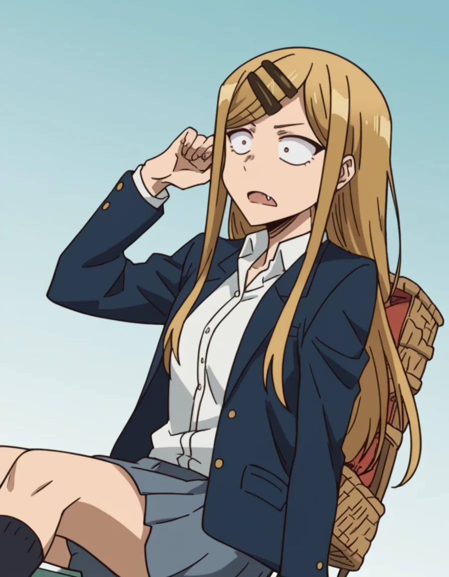 score_9, score_8_up, score_7_up, source_anime, <lora:saya-endou-s2-ponyxl-lora-nochekaiser:1>, saya endou, long hair, blonde hair, hair ornament, brown eyes, hairclip, fang, wide-eyed, constricted pupils, sanpaku,, skirt, shirt, hair ornament, school uniform, jacket, pleated skirt, socks, blazer,, farmers market, fresh produce, local vendors, baskets, sunny day, community, , , arm resting on back of chair, solo,, cowboy shot, dutch angle