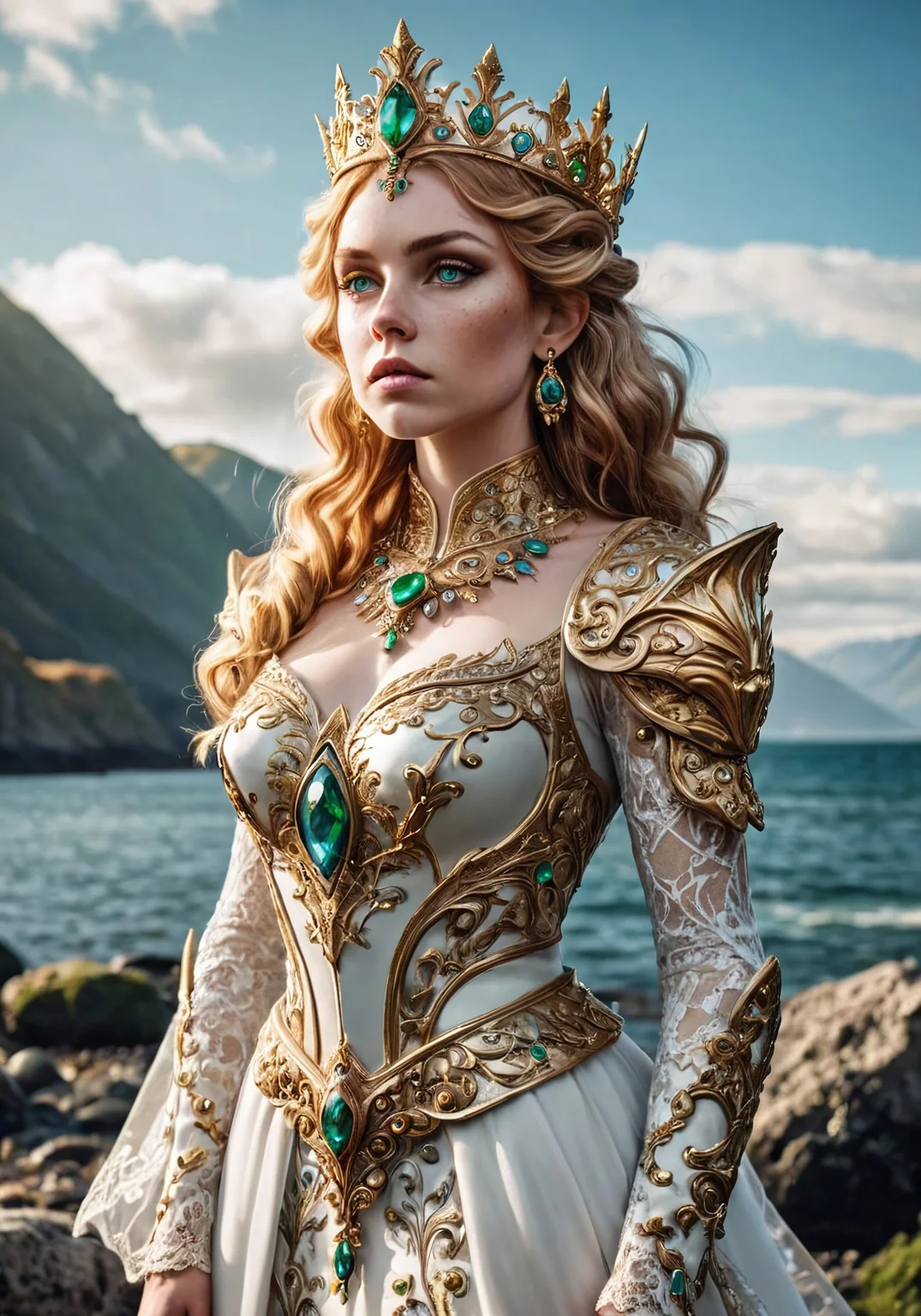 A stunning fantasy queen standing on a rocky beach with mountains in the background. She has wavy golden hair adorned with an intricate gold and gemstone crown. Her piercing green eyes and freckled cheeks give her a regal yet ethereal look. She wears an ornate gold and jewel-encrusted armor piece over an elegant white gown with delicate lace details. The golden embellishments on her shoulders, chest, and arms reflect the sunlight, adding a majestic aura. The setting is a warm, fantasy-inspired coastal landscape with blue skies and soft clouds