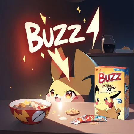 Buzz, adorable, HD, distinct image, rim lighting, buzz, kid's cereal box, lightning-bolt shaped cereal, dining table, morning, ((text: "BUZZ-O's")), (empty bowl), spilt cereal, Pikachu, cereal bowl on head,