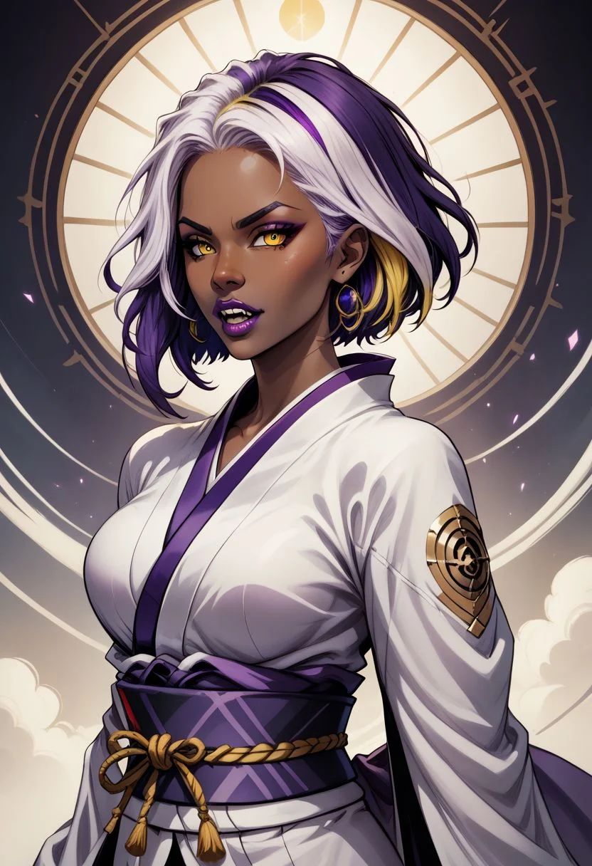 Animated Nightmare Style, 1girl, dark skin, dark-skinned female, earrings, fangs, japanese clothes, jewelry, kimono, lips, lipstick, looking at viewer, makeup, medium breasts, multicolored hair, nose, obi, open mouth, purple hair, purple lips, sash, short hair, solo, teeth, two-tone hair, upper body, white hair, yellow eyes, BREAK PonyXLV6_Scores
