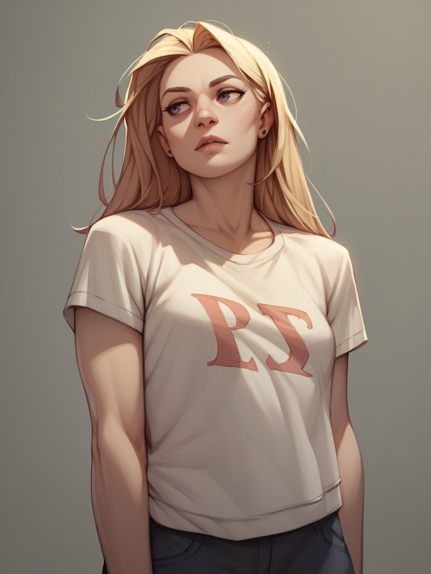 score_9, score_8_up, score_7_up, score_6_up, score_5_up,    <lora:h4d3sXLP:1> h4d3s, 1girl, t-shirt,