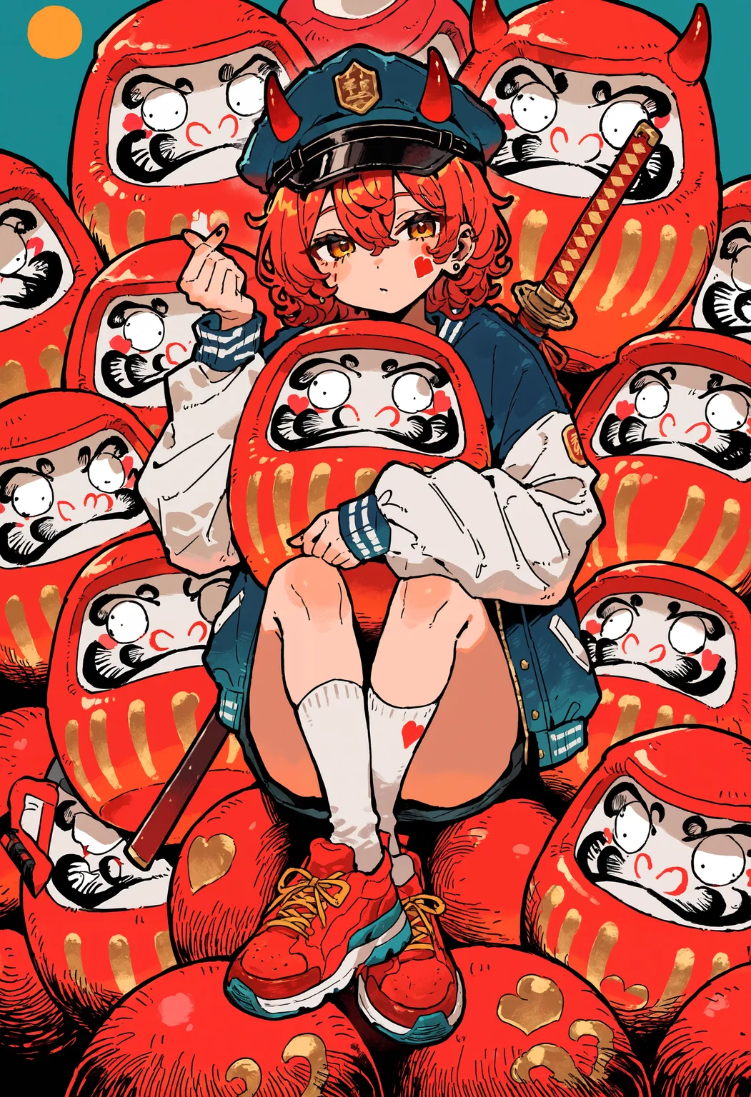 masterpiece, absurdres, newest, very awa, kou \(tamagosan1001\),   1girl, solo, short hair, curly hair, red hair, peaked cap, red horns, heart stickers, blue jacket, white sleeves, striped clothes, white socks, red footwear,   weapon on back, katana, teal backgorund, daruma doll, legs around daruma doll, hugging object, finger heart,   <lora:spo_sdxl_10ep_4k-data_lora_webui>,  <lora:TA_trained:0.35>,  <lora:NOOB_EPSv1_1_detailer_by_vlnvk_v0_5>,  <lora:kou_tamagosan1001_NAI:0.8>