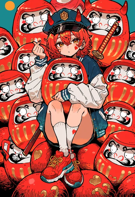 masterpiece, absurdres, newest, very awa, kou \(tamagosan1001\), 1girl, solo, short hair, curly hair, red hair, peaked cap, red horns, heart stickers, blue jacket, white sleeves, striped clothes, white socks, red footwear, weapon on back, katana, teal backgorund, daruma doll, legs around daruma doll, hugging object, finger heart, <lora:spo_sdxl_10ep_4k-data_lora_webui>, <lora:TA_trained:0.35>, <lora:NOOB_EPSv1_1_detailer_by_vlnvk_v0_5>, <lora:kou_tamagosan1001_NAI:0.8>