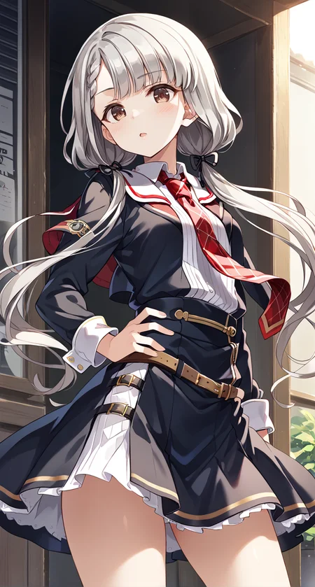 score_9,score_8_up,score_7_up,
official art,official style,game cg,megami magazine,
uncensored,
1girl,
hskwng blackdress,hisakawa nagi,
asymmetrical bangs,belt,belt buckle,black belt,black dress,black ribbon,
blush,braid,buckle,
collared shirt,dress,
eyelashes,brown eyes,grey hair,
hair ribbon,long hair,long sleeves,low twintails,
necktie,parted lips,plaid necktie,red necktie,
red sailor collar,ribbon,sailor collar,shirt,
standing,
<lora:idolmaster_hisakawa_nagi_pony_v1:1>,