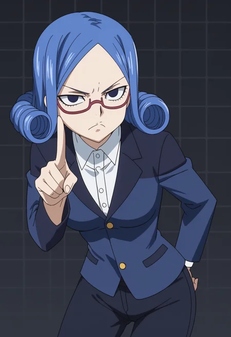 score_9, score_8_up, score_7_up, anime screencap, BREAK, 1girl, (solo:1.2),   <lora:DX888Juvia:1>, juvia lockser, blue hair,  curly hair, blue eyes, short hair,  ,   BREAK   office lady,  white shirt, black pants,  black jacket,  eyeglasses ,  secretary, Pointing both index fingers at each other,  upset, angry, frown, pout, averting eyes, closed mouth, :t,v-shaped eyebrows, cheek bulge, half-closed eyes, dark gray background, simple background, grid background,