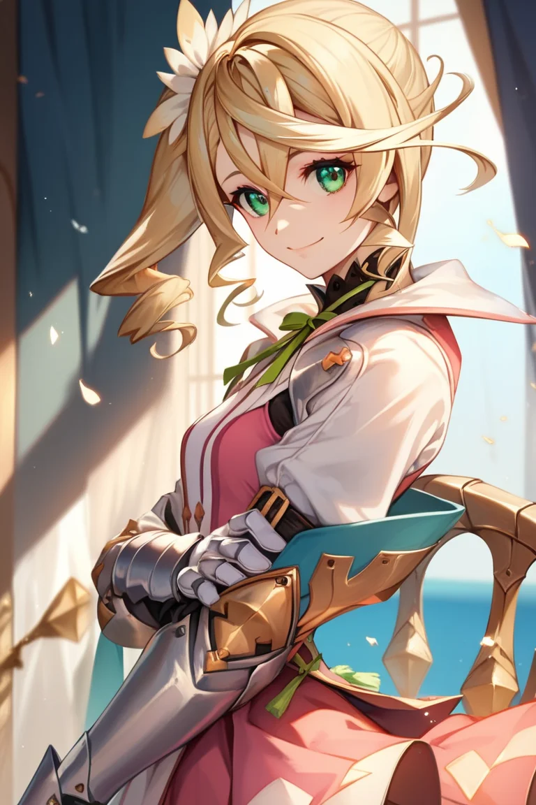 score_9, score_8_up, score_7_up, very aesthetic, source_anime, detailed, high quality, beautiful, masterpiece, detailed eyes,
indoor, simple background, blurry background,
<lora:lightXL:0.8>
from side, cowboy shot, light smile, looking at viewer,
<lora:alisha_autismConfetti_v01:0.95> small breasts,
alisha diphda, blonde hair, dress, green eyes, side ponytail, hair between eyes, hair ornament, knee boots, greaves, thigh strap, white gloves, gauntlets, long sleeves, crest,
holding own arm,, zPDXL