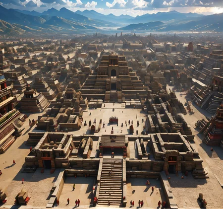 RAW photo, (masterpiece:1.3), subsurface scattering, heavy shadow, (high quality:1.4), (intricate, high detail:1.2), professional photography, HDR, High Dynamic Range, realistic, ultra realistic, photorealistic, high resolution, film photography, ambient lighting, atmospheric effects, <lora:detail_slider_v4:2>, OverallDetail, <lora:Aztec_Architecture:1>, aztar, an aztec city with pyramids and temples and a market square