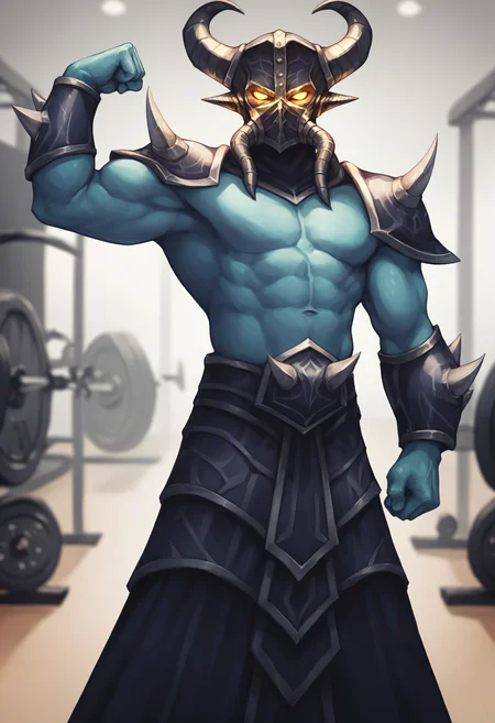 score_9, score_8_up, score_7_up, score_6_up, score_5_up, score_4_up, BREAK, kassadinpdxl, mask, 1boy, solo, armor, horns, yellow eyes, glowing eyes, no pupils, yellow sclera, helmet, shoulder armor, spikes, blue skin, <lora:Kassadin:0.72>, long skirt, gym, flexing, looking at viewer, armpits, cowboy shot