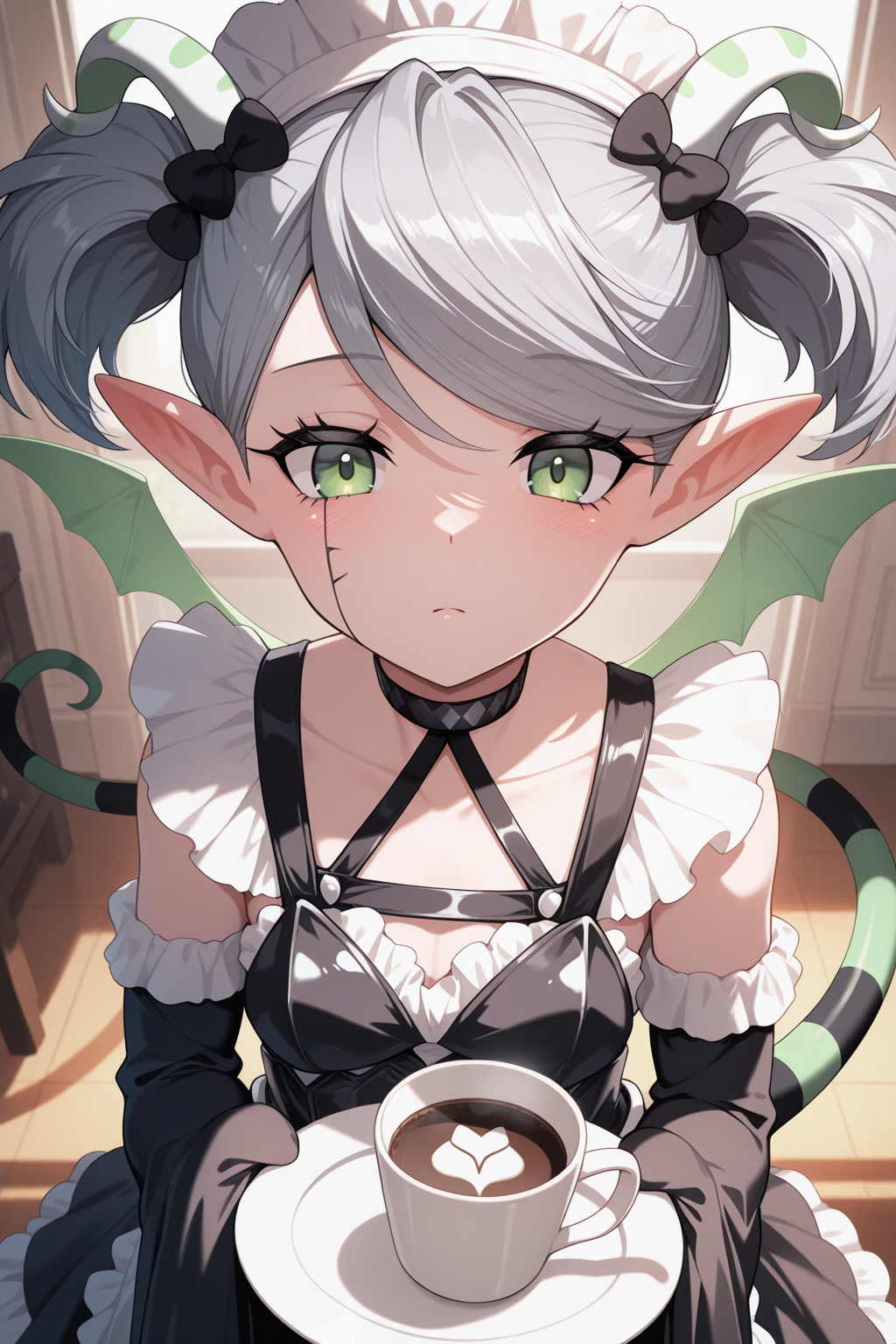 1girl,
AriannaTheLabrynthServantYu-Gi-Oh,
general, solo, pov dating, upper body, from above,
green horns, grey hair, short twintails, green eyes, eyelashes,
pointy ears, wings, tail, green tail,
maid, hair bow, maid headdress,
black choker, black corset, frilled dress,
detached sleeves, very long sleeves, sleeves past fingers,
maid apron,
looking at viewer, giving, holding plate, coffee,
indoors, white theme,
<lora:kp_AriannaTheLabrynthServantYu-Gi-OhIllustrious_v1_0:1.0>,
masterpiece, best quality, amazing quality