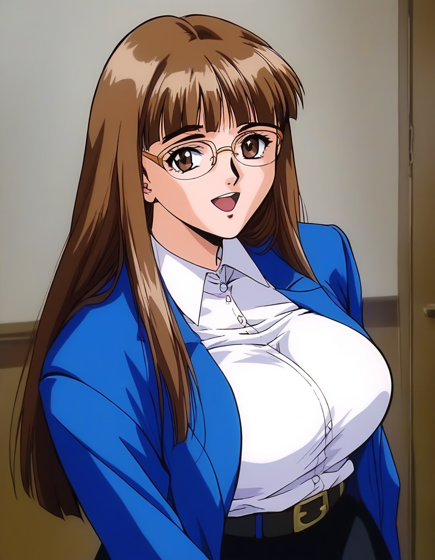 score_9, score_8_up, score_7_up, source_anime, rating_explicit, BREAK <lora:Iijima_Sensei_XL:1>
Iijima_Sensei, 1girl,solo, brown hair, glasses, long hair, brown eyes,blunt bangs, large breasts, 1990s \(style\),anime coloring, 
looking at viewer, upper body, open mouth, white shirt, long sleeves, collared shirt, blue jacket, black belt, black skirt, class room,