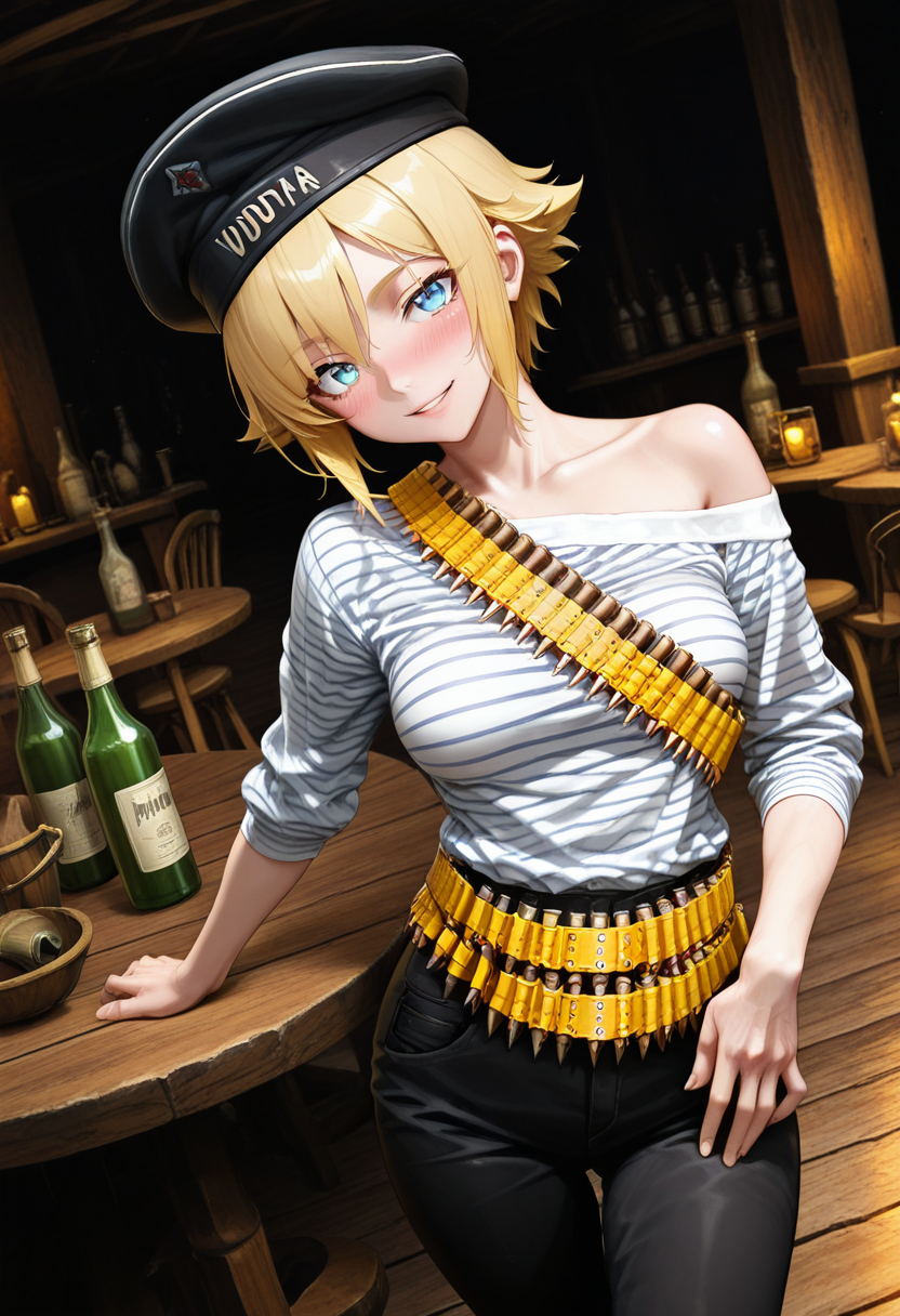 masterpiece, high quality, best quality, 1girl, solo, m4tr0s, black military hat, bandolier, ammunition belt, (striped shirt:1.4), black pants, cowboy shot, looking at viewer, short hair, blonde hair, blue eyes, dynamic pose, blush, high angle, athletic, dutch angle, dark, tavern, table, vodka, bottle, parted lips, smile, off one shoulder,