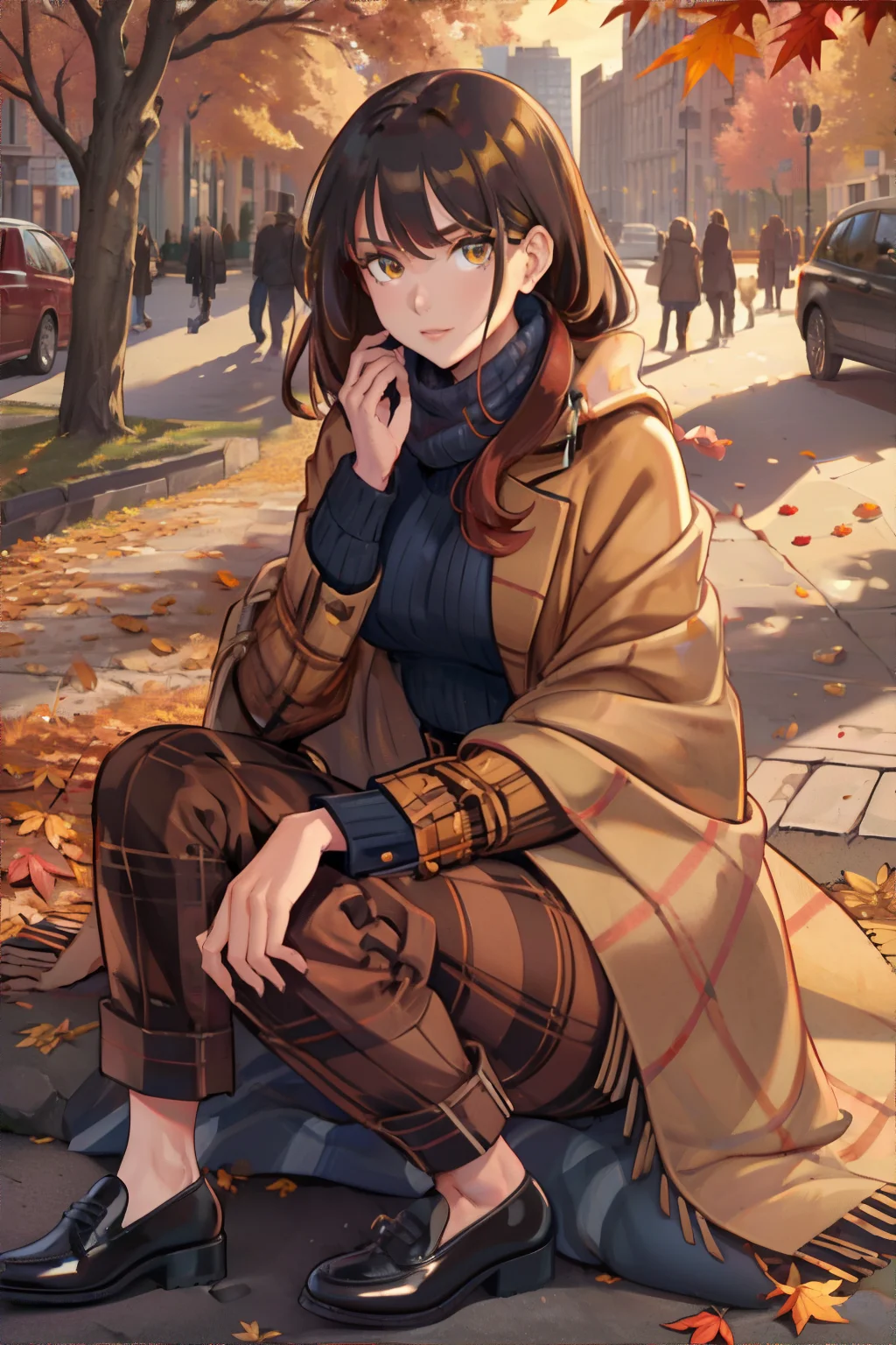 woman wearing thick flannel jacket, corduroy pants, oxford shoes, blanket shawl, city park in autumn, piles of autun leaves, golden sunlight, Tangerine, Khaki, Navy || masterpiece, perfect quality, sharp focus, shallow depth of field, 8k