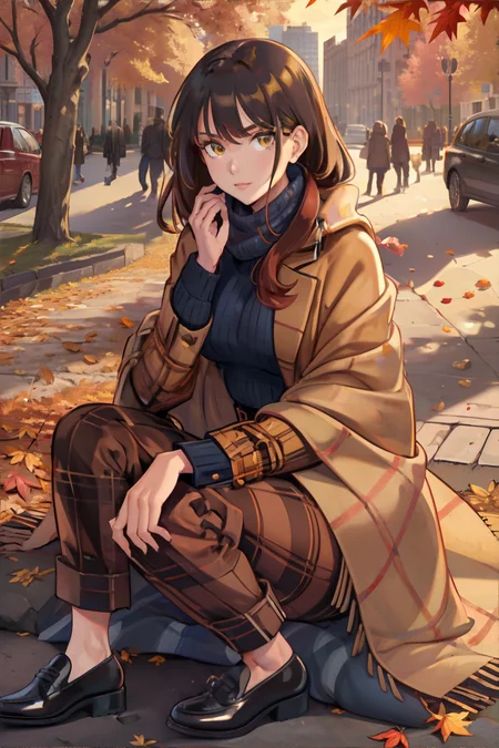 woman wearing thick flannel jacket, corduroy pants, oxford shoes, blanket shawl, city park in autumn, piles of autun leaves, golden sunlight, Tangerine, Khaki, Navy || masterpiece, perfect quality, sharp focus, shallow depth of field, 8k