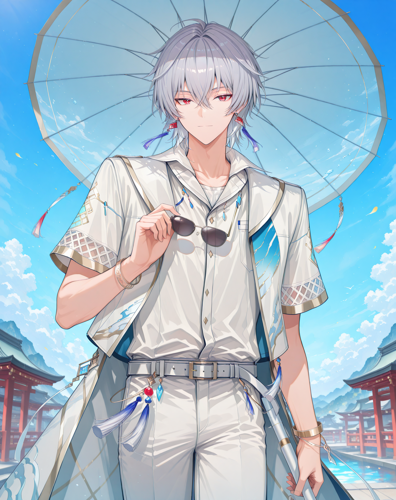 masterpiece, best quality, absurdres, very aesthetic,
1boy, solo, yaoi, male focus,
cowboy shot, upper body, looking at viewer,
<lora:AsinT_Summer_ilxl:1> asintsummer, red eyes, short hair, grey hair, hair between eyes,
white pants, white shirt, belt, unworn eyewear, sandals, holding umbrella, short sleeves, collared shirt, tassel, sunglasses, white jacket, white coat,
jewelry, earrings, bracelet, toenails,
outdoors, day, blue sky,