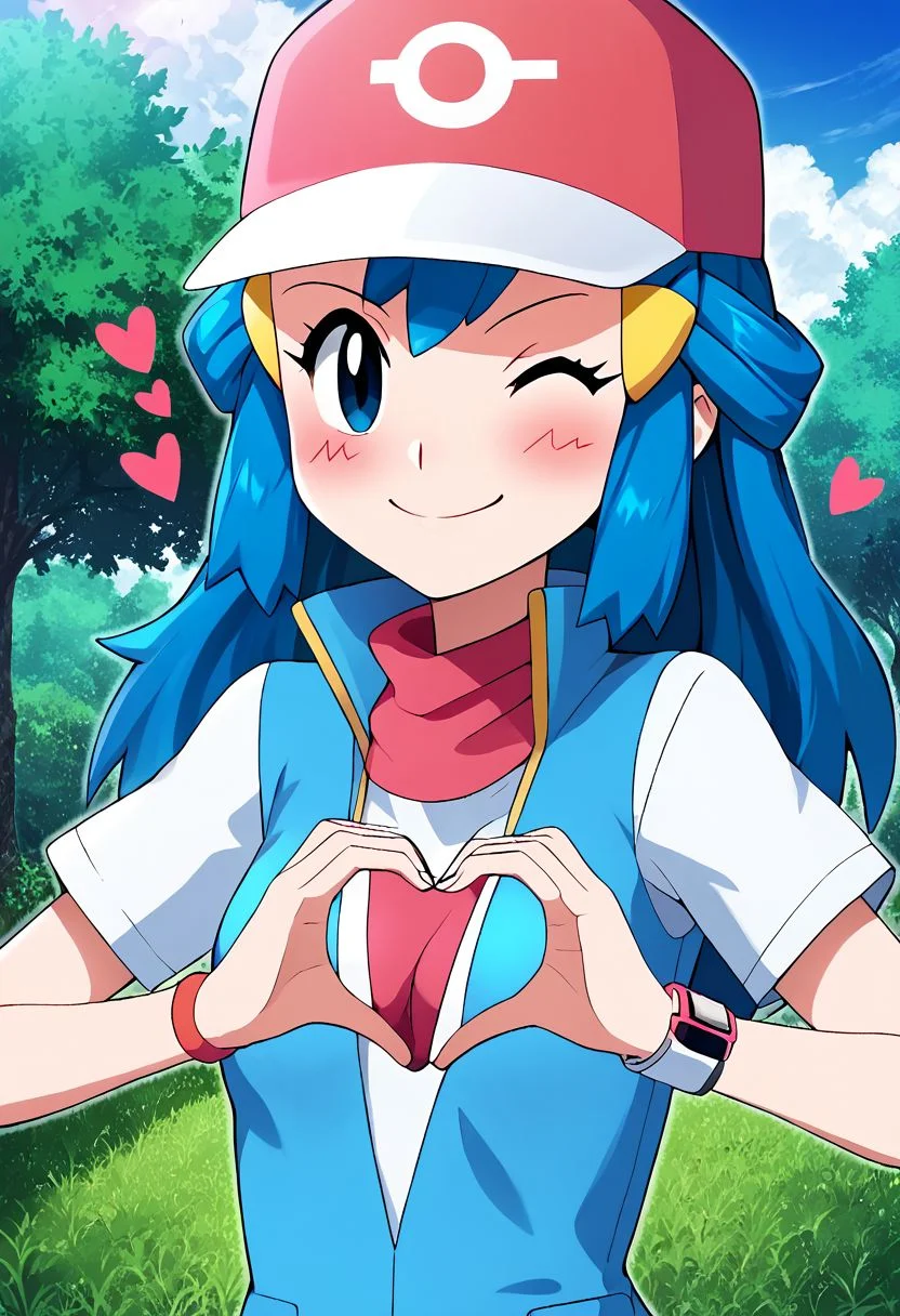 score_9, score_8_up, score_7_up, source_anime,
pokemondawn, <lora:pokemon-dawn-ponyxl-lora-nochekaiser:1>
1girl, solo, pokemon dawn, (blue hair), (black eyes), sidelocks, (long hair), ((baseball cap)), (red hat), (((blue vest))), (((vest with yellow outlines))), (white shirt), cute, arm up, fingerless gloves, black gloves, finger guns, red hat, bracelet, jewelry, red scarf, scarf, (red hat), yellow headwears,
outdoors, nature,
looking at viewer, dutch angle, (anime screencap), anime, 2d, ((official art)), (((upper body))), ((big smile)), (constricted pupils:0.55), ((small breasts)), mature female, soft sun light, (wink), (warm smile), ((blush)), (heart shaped hands), closed mouth, half closed eyes,