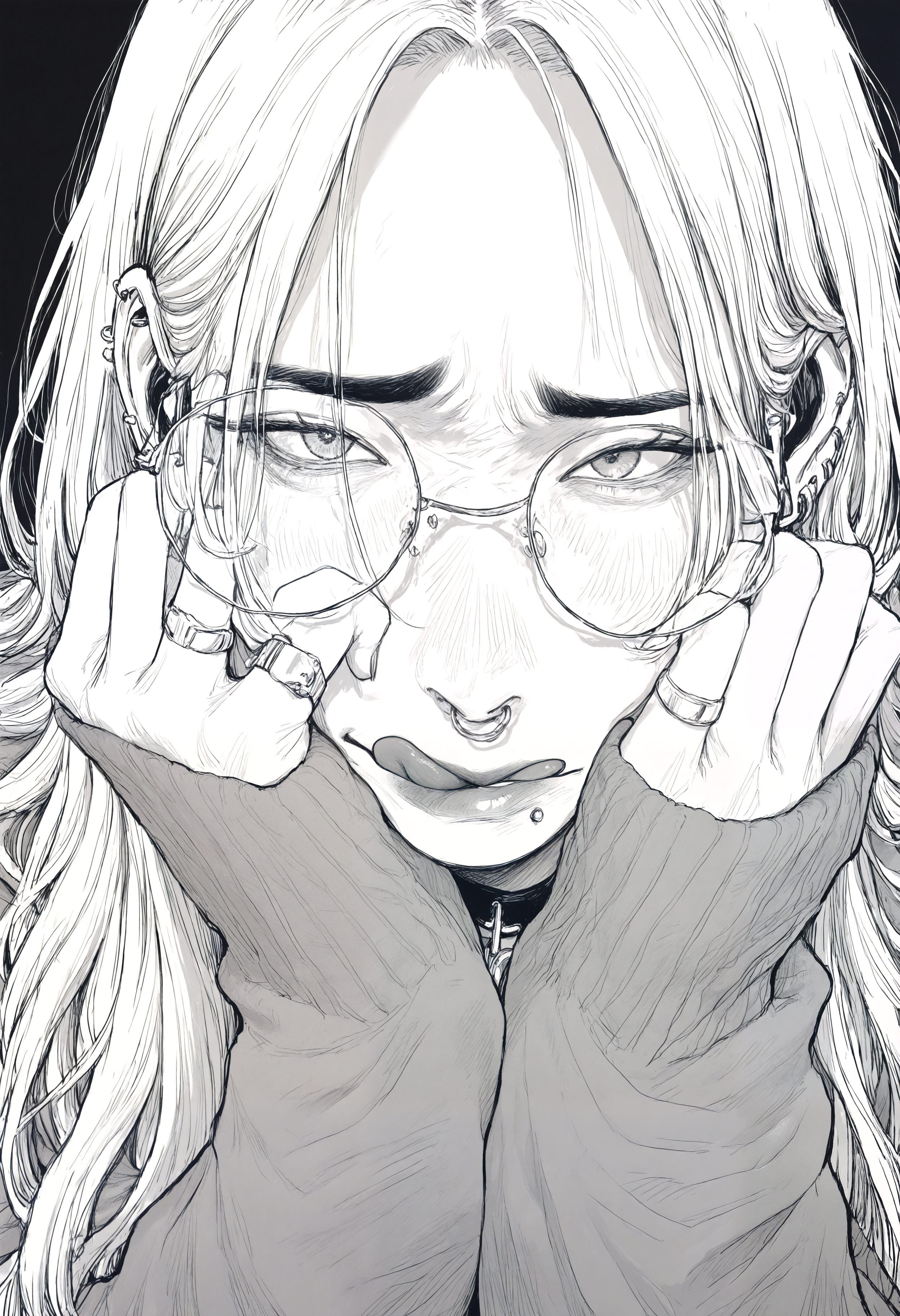 masterpiece, highres, absurdres, newest, very awa, black background,  
highly detailed, intricate, detailed clothes, perfect hands, detailed hands, monochrome, greyscale, manga,   
1girl, white hair, long hair, round eyewear, black eyebrows, ear piercing, mouth piercing, nose ring, black choker, rings, face focus,  
furrowed brow, looking at viewer, straight-on, :q, hands on own face,   
<lora:ponyv4_noob1_2_adamW-000017:0.2>, <lora:spo_sdxl_10ep_4k-data_lora_webui>, <lora:TA_trained:0.75>, <lora:NOOB_EPSv1_1_detailer_by_vlnvk_v0_5>, <lora:owk_bsh_yy:0.9>
