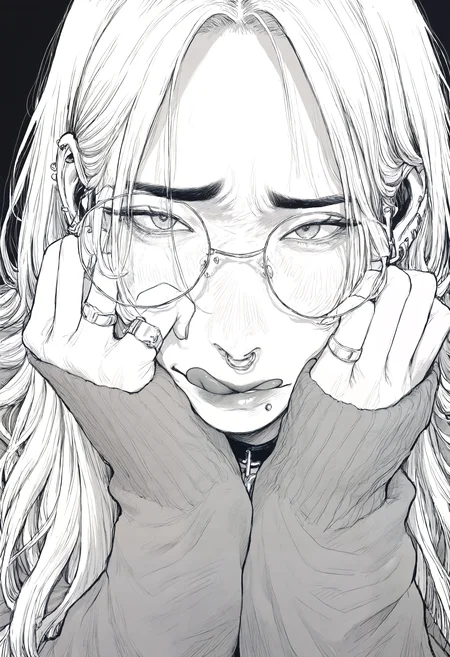 masterpiece, highres, absurdres, newest, very awa, black background,
highly detailed, intricate, detailed clothes, perfect hands, detailed hands, monochrome, greyscale, manga,
1girl, white hair, long hair, round eyewear, black eyebrows, ear piercing, mouth piercing, nose ring, black choker, rings, face focus,
furrowed brow, looking at viewer, straight-on, :q, hands on own face,
<lora:ponyv4_noob1_2_adamW-000017:0.2>, <lora:spo_sdxl_10ep_4k-data_lora_webui>, <lora:TA_trained:0.75>, <lora:NOOB_EPSv1_1_detailer_by_vlnvk_v0_5>, <lora:owk_bsh_yy:0.9>