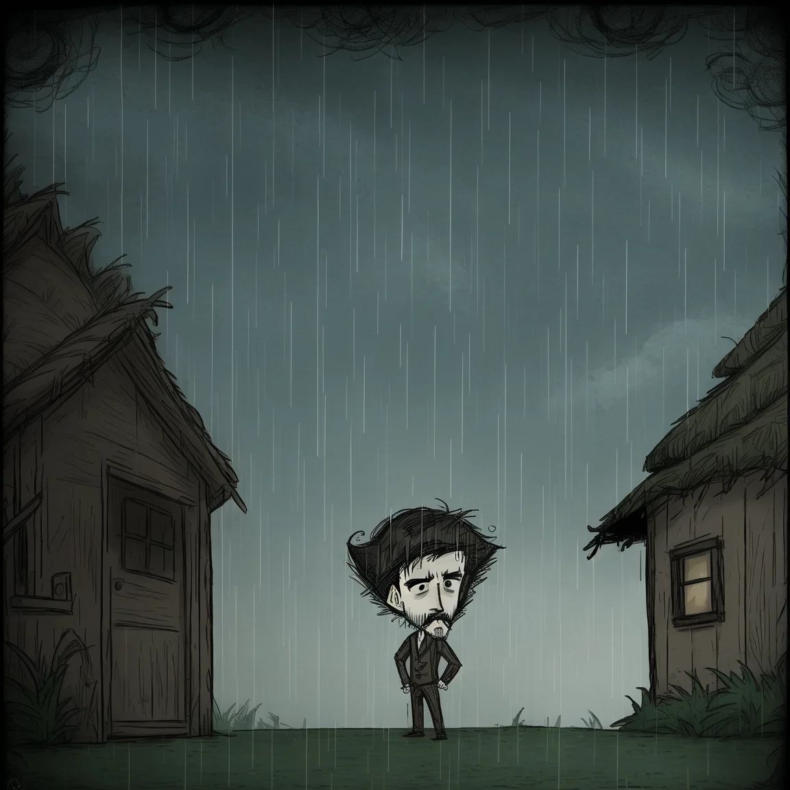 burtonesque art of an angry evil man with mustache and short hair standing in front of a small cottage. Muted colors, detailed, night, rain, close shot, solo <lora:burtonesque2:0.75>