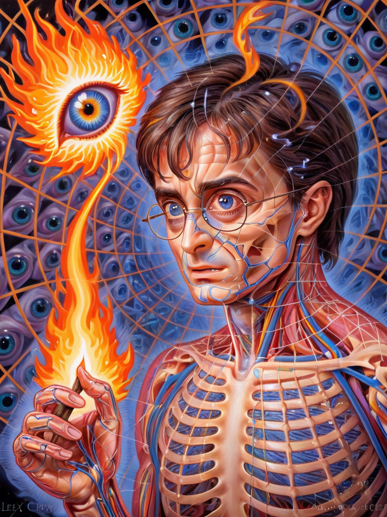 (((harry potter))) casting a spell, fire, multicolored eyes, lattice, alexgrey, anatomical, <lora:Alex_Grey_XL_Base:0.5>