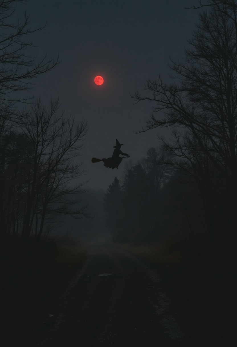 photograph taken at night, vintage Halloween scene, a witch flying on a broom, forest, fog, full moon, red moon