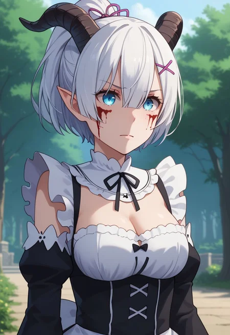 score_9, score_8_up, score_7_up, BREAK  <lora:Miavt-10:1> MiavtSDXL,  1girl, solo,  short hair, blue eyes, hair between eyes, medium breasts, ponytail,  white hair, black horns, pointy ears, goat horns, double pigtail, BREAK close up BREAK dressed like Rem, outdoors, park, from below, stern, roswaal mansion maid uniform, blood on face, cleavage, ribbon, maid, upper body, ((white hair))