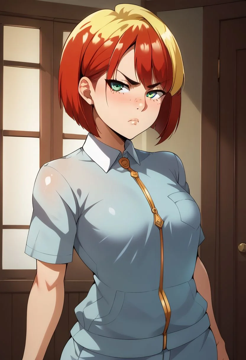 score_9, score_8_up, score_7_up, source anime, anime, animification,(hara_(harayutaka):0.6), shiny skin, skindentation, deep skin, high quality, highres, 1girl, solo, curvy, petite, small breasts, red hair, yellow hair, two-tone hair, short hair, bobcut, green eyes, Face freckles, pout, tsundere
