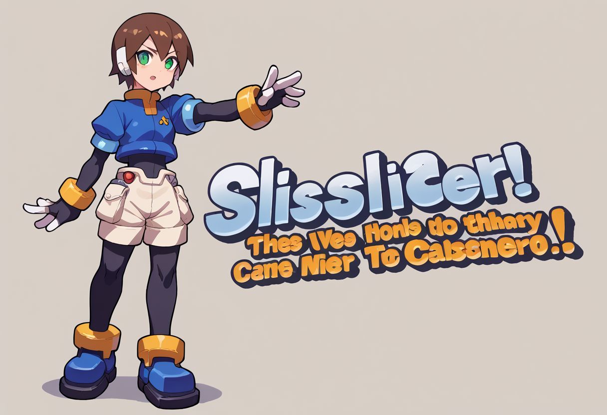score_9, score_8_up, score_7_up, source_anime, SSBUSplashArt, english text, <lora:SSBUSplashArt_XLPD_1:1.4>, <lora:PlasticChair_XLPD:1>, 1girl, small breasts, brown hair, short hair, green eyes, robot ears, black bodysuit, fingerless gloves, blue Cropped Jacket, cropped jacket, short sleeves, bracelet, shorts, anklet, shoes, blue footgear