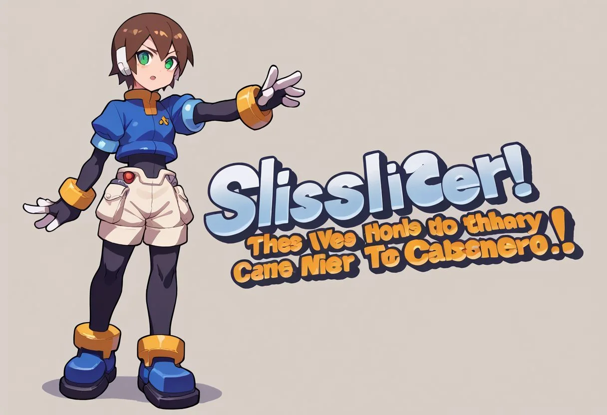 score_9, score_8_up, score_7_up, source_anime, SSBUSplashArt, english text, <lora:SSBUSplashArt_XLPD_1:1.4>, <lora:PlasticChair_XLPD:1>, 1girl, small breasts, brown hair, short hair, green eyes, robot ears, black bodysuit, fingerless gloves, blue Cropped Jacket, cropped jacket, short sleeves, bracelet, shorts, anklet, shoes, blue footgear