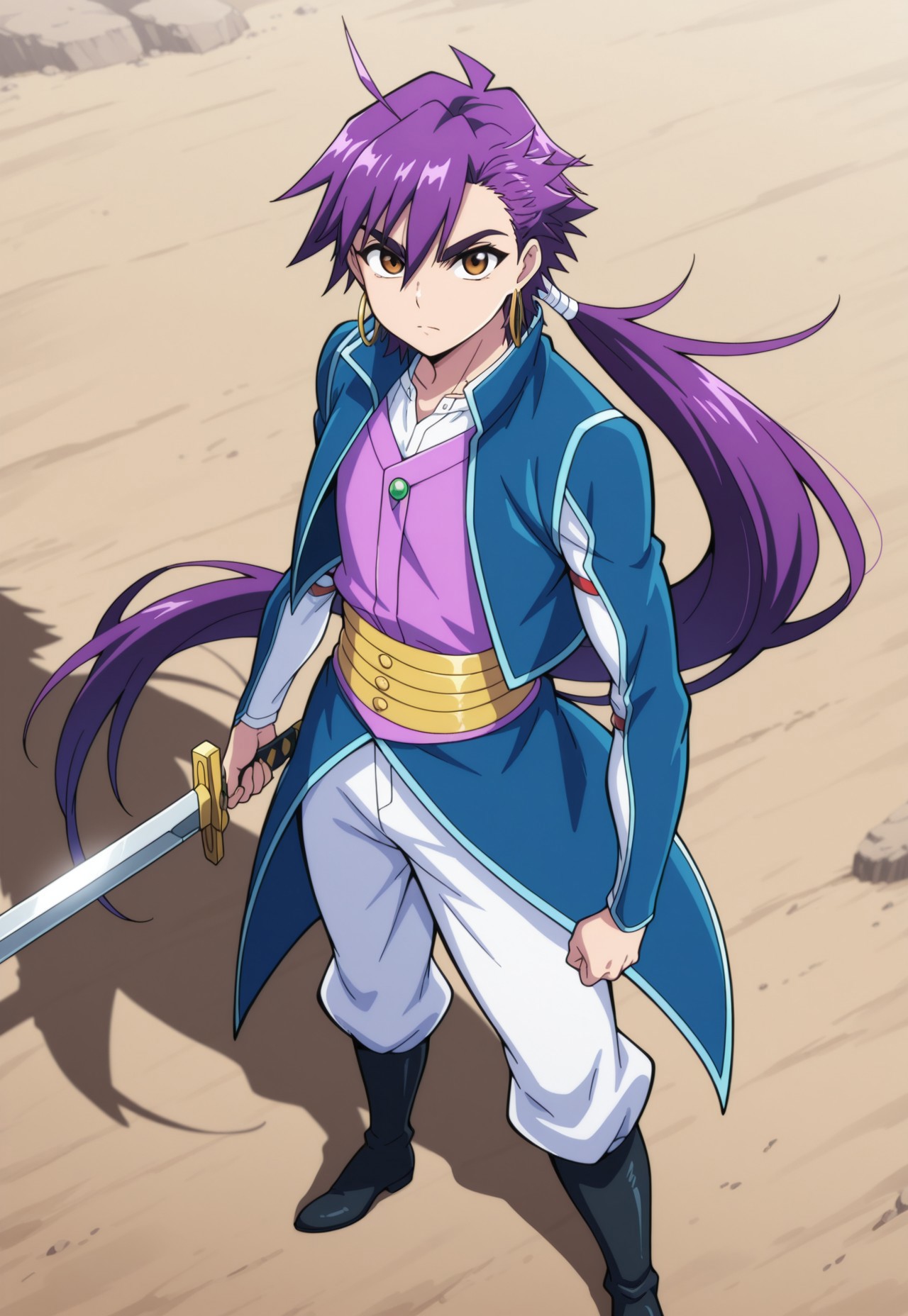 masterpiece,best quality,amazing quality, source_anime, 

Shindobaddo, solo, weapon, 1boy, male focus, sword, holding weapon, holding, holding sword, looking at viewer, shadow, brown eyes, purple hair, long hair, ponytail, hoop earrings, shirt, white shirt, jacket, blue jacket, open jacket, vest, purple vest, pants, white pants, boots, black footwear, outdoor,