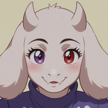 score_9_up, score_8_up, score_7_up, Toriel, simple background, face shot, fluffy, front view, looking at viewer, solo heterocromia, purple eye, red eye, blushing, smiling, anime screencap, retro anime style