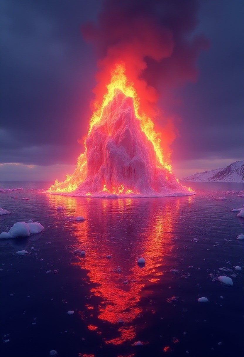 An Iceberg completely engulfed in flames, inferno, blazing, concept art, masterpiece, perfect lighting, purple flames, 4k, absurdres,