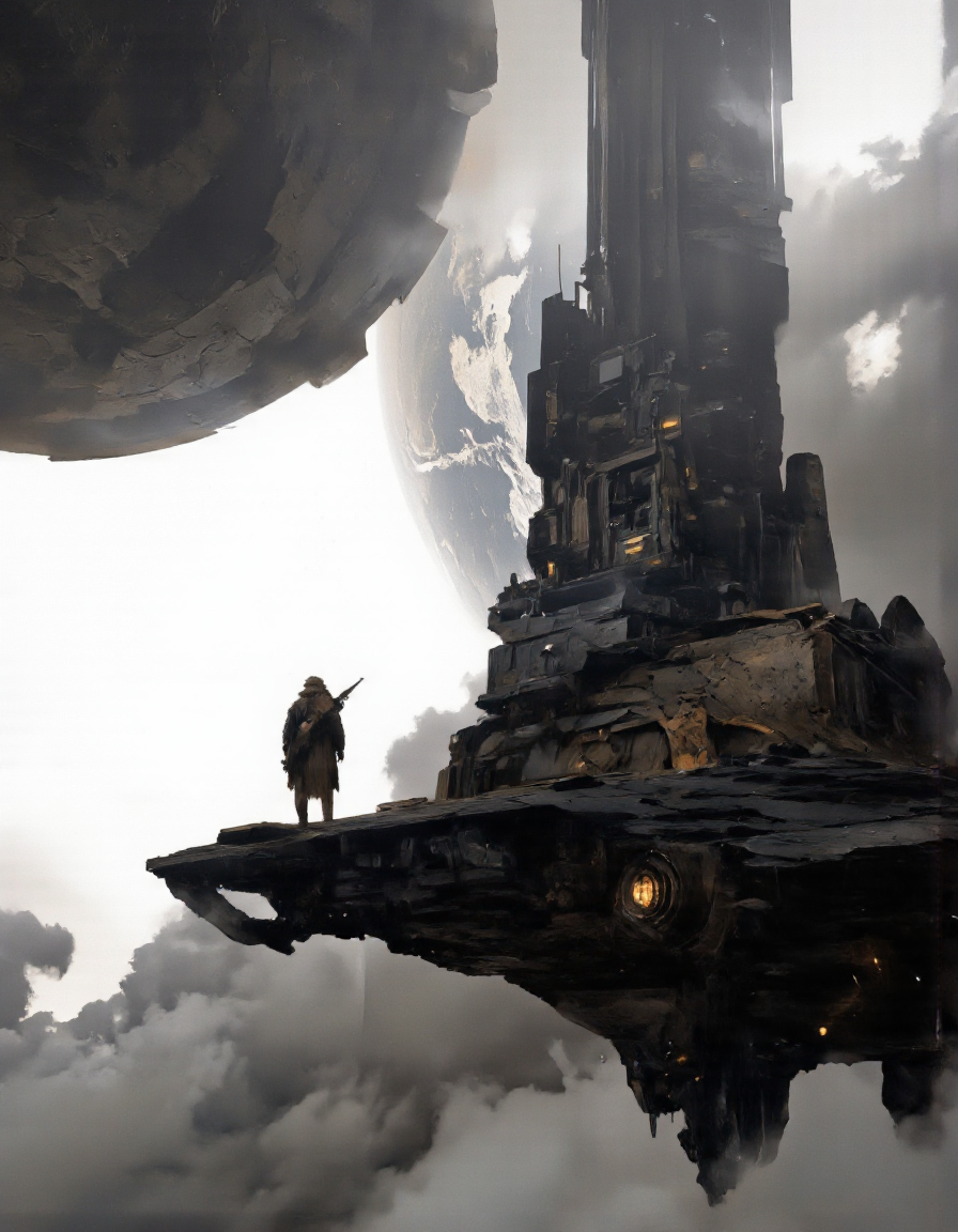 Art by Piotr JabÅoÅski. A digital illustration shoot from a low-angle perspective about a stylized, sci-fi scene featuring a humanoid figure standing on a futuristic platform, holding a weapon, looking out over a distant planet. the scene is set against a dramatic, ethereal background with a large, dark, metallic structure resembling a spaceship or spacecraft in the foreground and a distant, distant planet in the distance. the image is predominantly black and white, with a focus on textures and lighting, creating a sense of depth and dimensionality. on the right side of the image, a lone, furry, humanoid figure stands on the platform, facing away from the viewer. the figure appears to be holding a rifle, and the overall atmosphere is one of a distant and distant world. the overall mood is ominous and foreboding, with the figure standing out against the dramatic backdrop of the futuristic structures and the distant planet, adding to the sense of mystery and adventure.